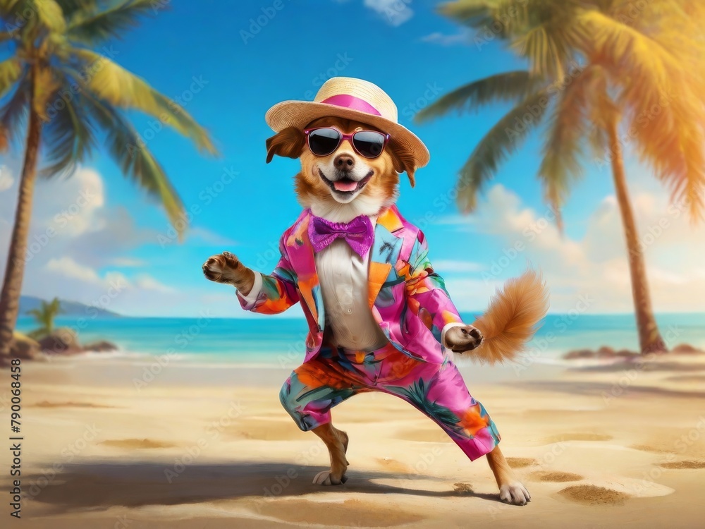 Summer dog character in a bright suit, hat and sunglasses dances on the beach by the sea. illustration with glamorous cartoon cheerful dog on the beach
