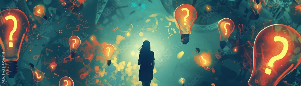 Creative Thought: Female Figure Amid Glowing Ideas Creative Thought: Female Figure Amid Glowing Ideas