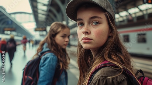 Two young beautiful female students girls with backpacks at train station waiting for their train to travel looking at camera