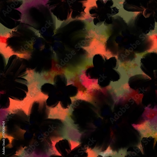 Abstract Digital Painting Watercolor Tie Dye Large Flowers Seamless Pattern with Galaxy Space Clouds Stars Batik Background