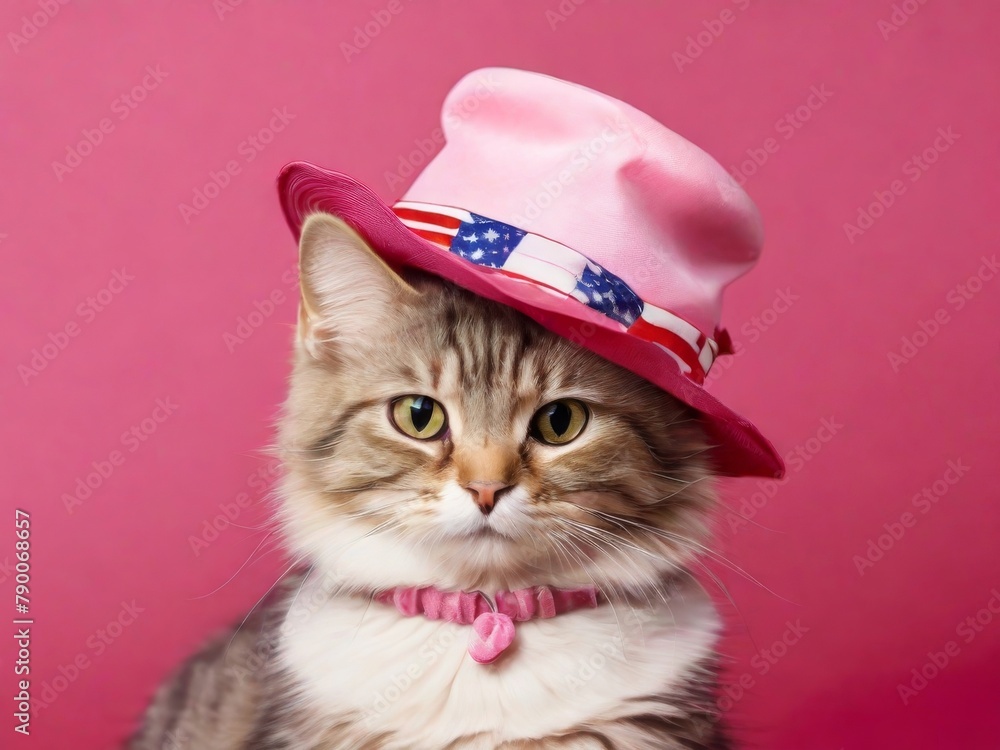 Glamorous cat wearing a hat in the color of the US flag on a pink background.