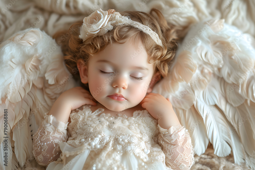 Sleeping baby with feathered wings and lace headband on a soft fur blanket. Warm toned studio portrait. Angelic rest concept. Design for invitation, christening announcement Sleeping baby with feathered wings and lace headband on a soft fur blanket. Warm toned studio portrait. Angelic rest concept. Design for invitation, christening announcement