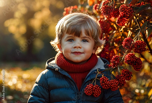 Little boy in fall clothes in nature in park playing and eating rowan berries. Child of two or three years on grass with branch of autumn mountain ash has fun. Copy space for site
