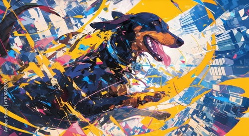 A captivating artwork featuring an elegant Dachshund dog in the center  surrounded by abstract shapes and colors that create a sense of movement and energy.