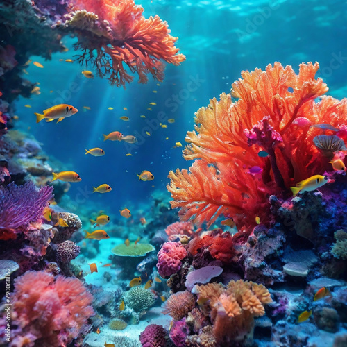 This World Environment Day  take a trip to colorful coral reefs that come to life with the power of AI-generated images  super-realistic photo from the water column of a coral reef  light through the 