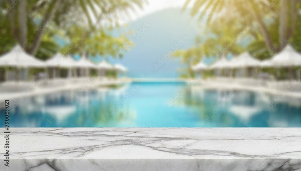 Summer Showcase: White Marble Stone Table and Blurred Swimming Pool