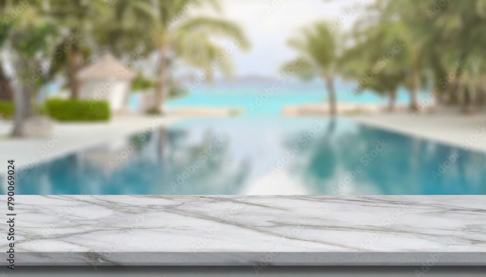 Vacation Banner Background: Empty White Marble Stone Table and Blurred Swimming Pool