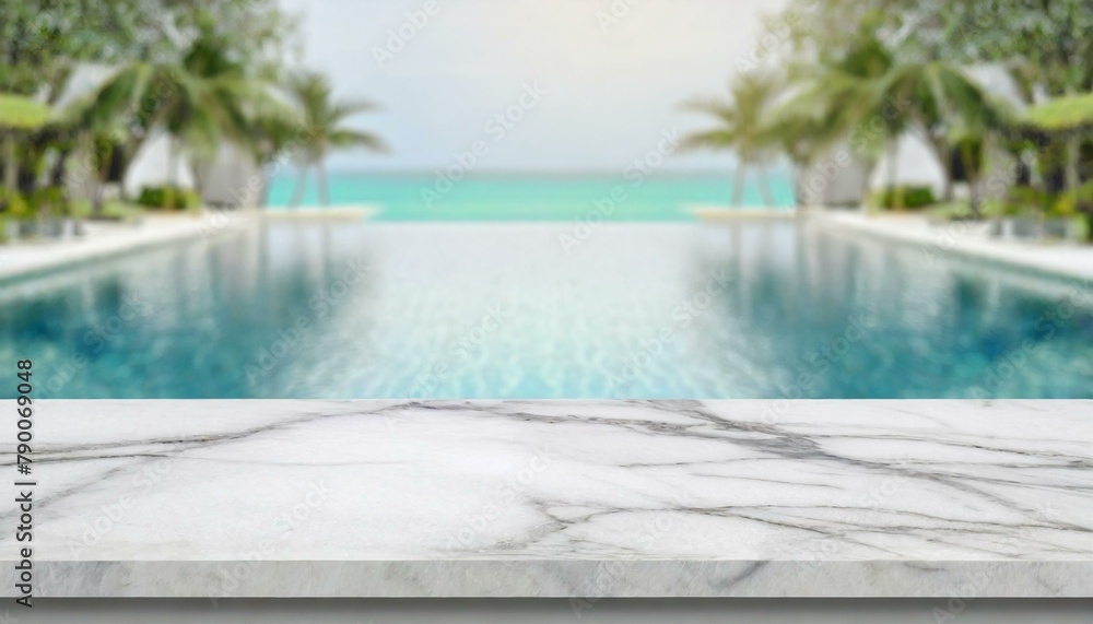 Fototapeta premium Summer Banner Background: Empty White Marble Stone Table with Blurred Swimming Pool