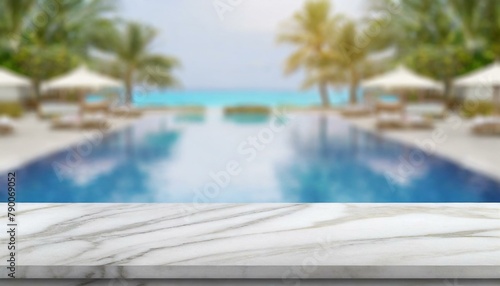Summer Resort Display  White Marble Stone Table with Blurred Swimming Pool Background