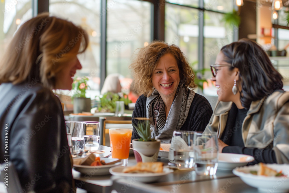 Three women colleagues chatting in a café Three women colleagues chatting in a café