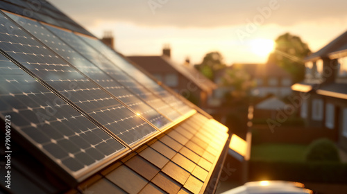Solar panels on the roof of a residential urban area at sunset photo