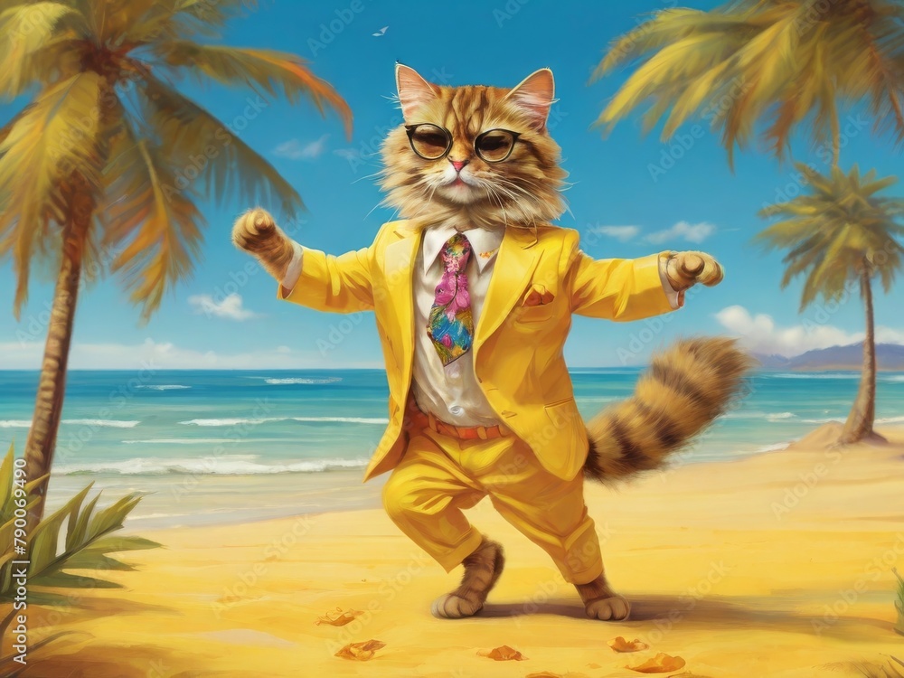 A glamorous cat in a yellow suit, hat and sunglasses dances on the beach by the sea. illustration with cartoon cheerful cat on the beach