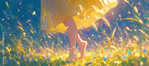 A closeup of the feet and legs of an elegant woman walking barefoot through tall grass, with soft sunlight filtering down from above, creating a warm glow on her skin and dress.  photo
