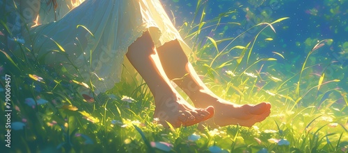 A closeup of the feet and legs of an elegant woman walking barefoot through tall grass, with soft sunlight filtering down from above, creating a warm glow on her skin and dress. photo