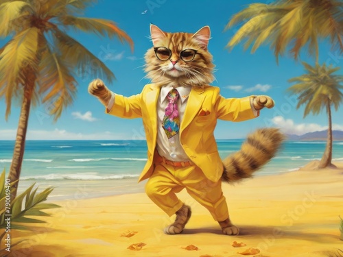 Obraz na płótnie A glamorous cat in a yellow suit, hat and sunglasses dances on the beach by the sea. illustration with cartoon cheerful cat on the beach w salonie