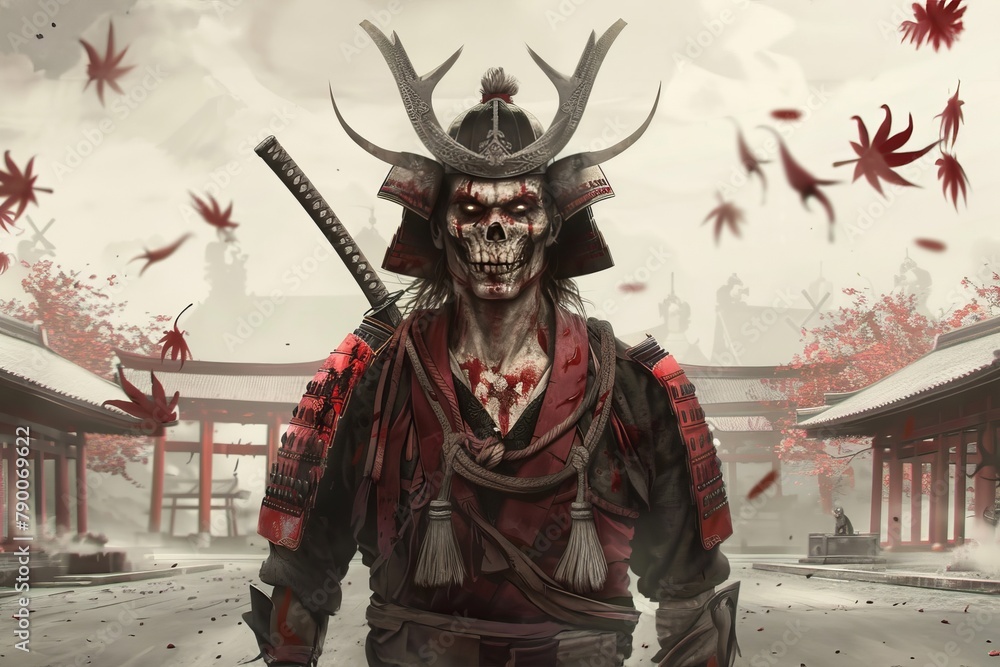 Fototapeta premium Fantasy Samurai with Skull Mask Amidst Cherry Blossoms in Temple Garden