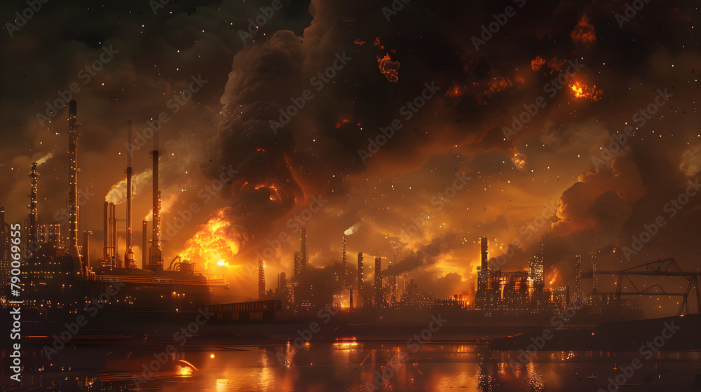A large oil company's production plant is on fire. with smoke and flames rising from the ground. The night sky above shows intense explosions in an industrial setting 