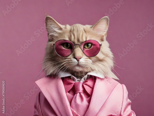 Obraz na płótnie Business cat in a pink suit and glasses on a pink background w salonie
