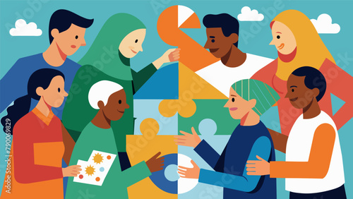 A multicultural group of refugees gathers together creating a collaborative mosaic using a variety of materials to convey their shared