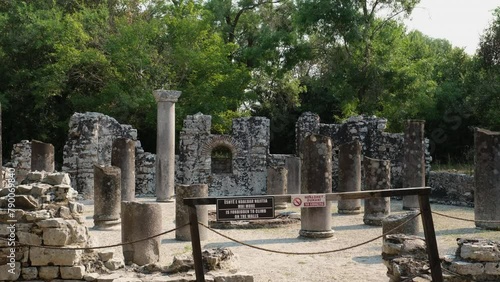 Ruins of Great Basilica in Butrint National Park, Buthrotum, Albania. Triconch Palace at Butrint Life and death of an ancient Roman house Historical medieval Venetian Tower surrounded. Butrint photo