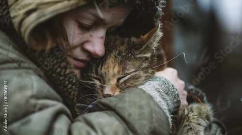 Young woman with a cat in her arms.