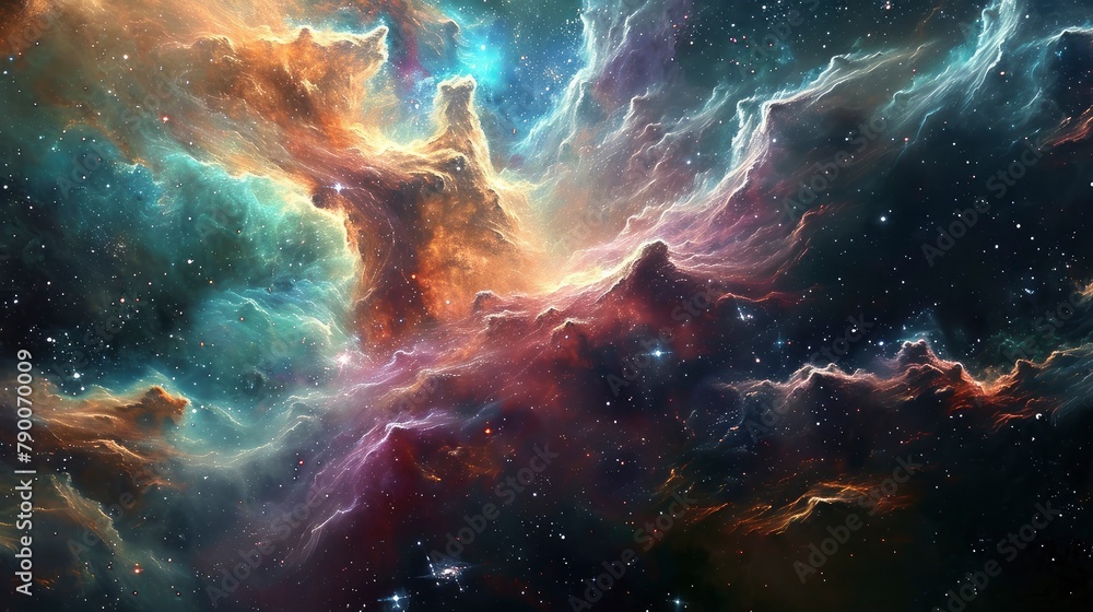 Glowing huge nebula with young stars. Space background. Glowing huge nebula with young stars. Space background.