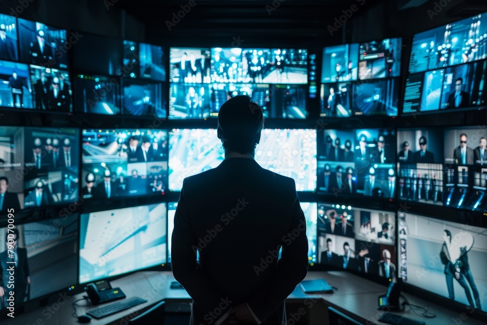 Modern CCTV hub: standing man, advanced monitoring setup Modern CCTV hub: standing man, advanced monitoring setup