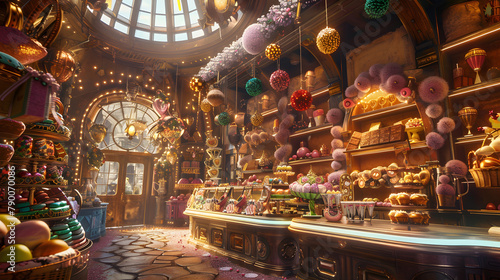 A magical Easter-themed chocolate factory. adorned with springtime ornaments and vibrant chocolates