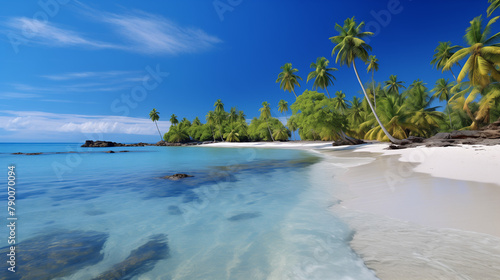 Une plage tropicale paradisiaque  avec du sable blanc comme neige s   tendant jusqu    l horizon  des palmiers se balan  ant doucement dans la brise marine  et des eaux cristallines o   les vagues viennen