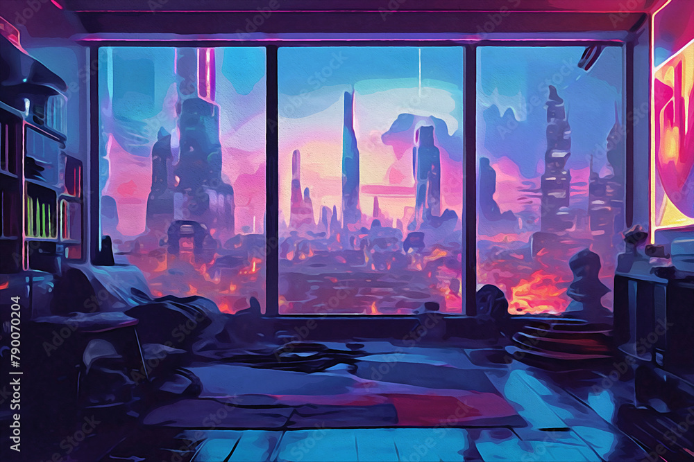 A Gaming Retreat Enveloped in Lo-fi Vaporwave and Cyberpunk Vibes, With a Expansive Window Framing a Hyper-Detailed Futuristic Cityscape, Inviting Players into a Dystopian Dreamscape of Endless Adven