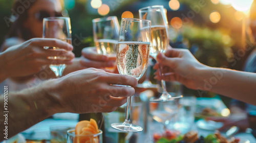 Group of friends clinking glasses with champagne at outdoor party, close up photo