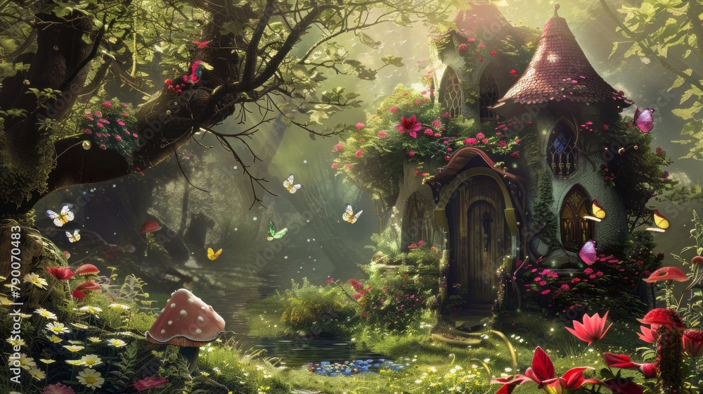 Fototapeta premium Fairy Day background concept. woods nature. copy space. butterfly and fireflies