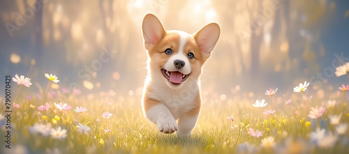 A cute and happy puppy running through the grass in summe photo
