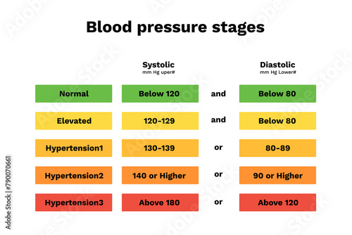 Blood pressure stages. Hypertension scale with diagram indicators of cardiology and with graphic infographics of cardio vector measurement photo