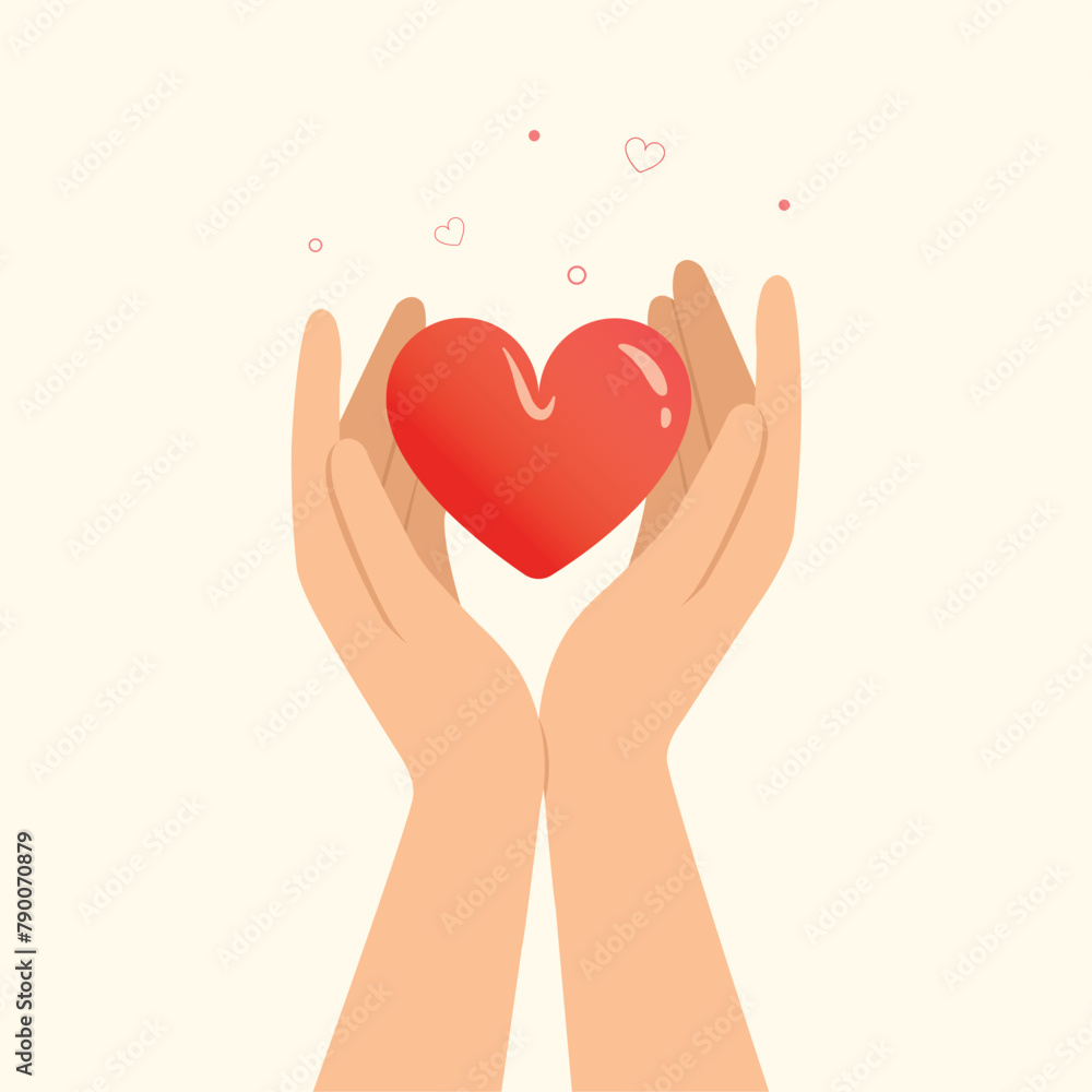 Heart in hands, Donation Concept Vector Illustration. Hand holding a piece of heart, greeting banner, poster. Hand giving gift concept. Heart in hands, Donation Concept Vector Illustration. Hand holding a piece of heart, greeting banner, poster. Hand giving gift concept.