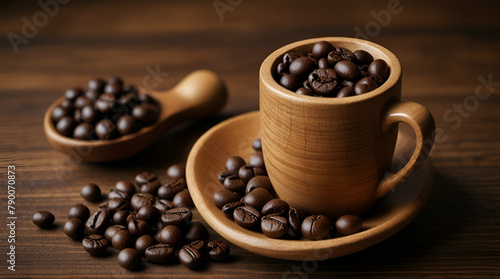 Cup coffee beans wooden, Generative.AI
