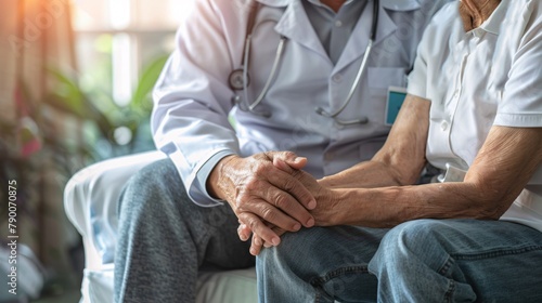 Healthcare professional provides assistance to man during healing or grieving process, holding hand of elderly patient with compassion during examination at senior care facility or medical center.