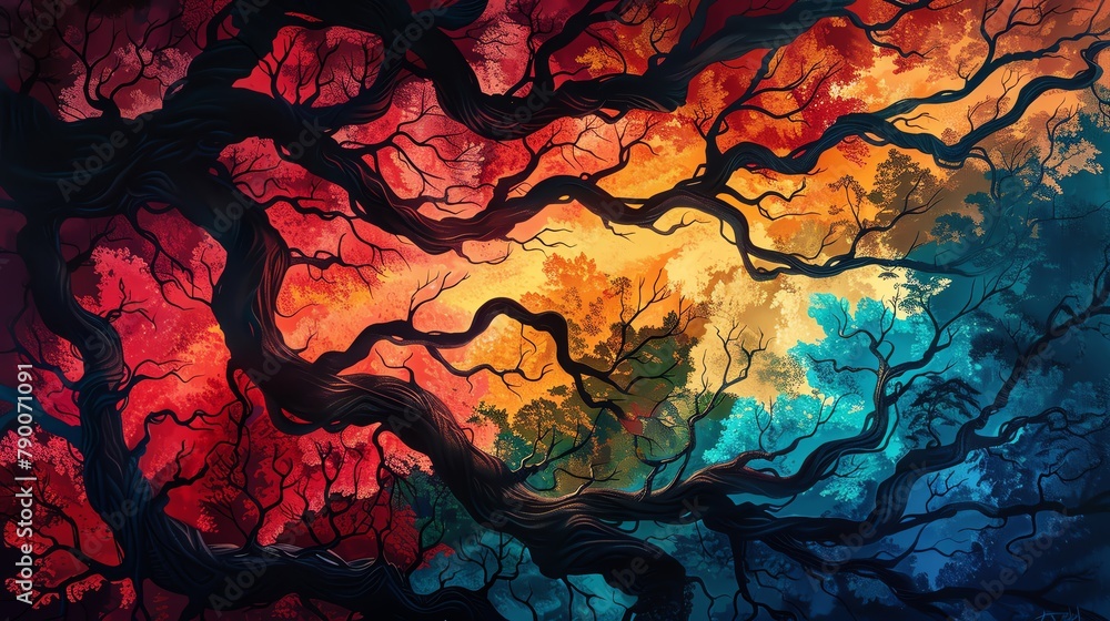 Capture the abstract beauty of intricate tree branches from a birds-eye view perspective, blending vibrant colors into a lush forest background Use acrylic medium for a bold, textured effect Capture the abstract beauty of intricate tree branches from a birds-eye view perspective, blending vibrant colors into a lush forest background Use acrylic medium for a bold, textured effect