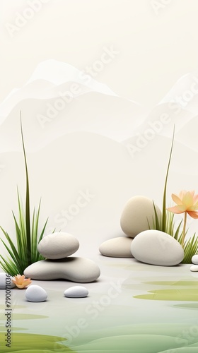 A minimalist drawing of a zen garden with rocks, grass, and a flower.