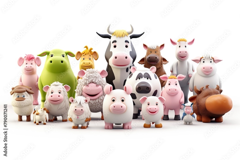 Create D characters depicting farm animals such as cows, pigs, chickens, sheep, and horses, Create D characters depicting farm animals such as cows, pigs, chickens, sheep, and horses,