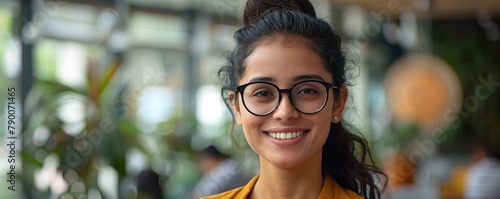 A photo of a young Indian woman smiling wearing glasses and a yellow shirt.