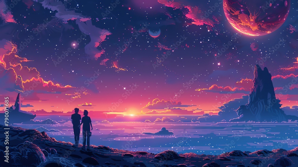Capture the essence of love among the stars as a space explorer and their significant other share a tender moment on a distant planet in a high-angle view, depicted in vibrant pixel art style Utilize
