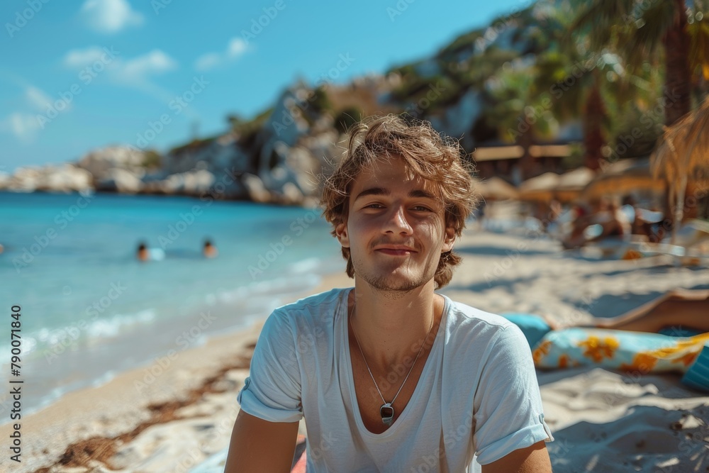 Serene beach escape: Man in white T-shirt, sunny beach, turquoise sea, palm trees Serene beach escape: Man in white T-shirt, sunny beach, turquoise sea, palm trees