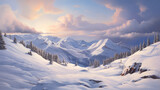 Un paysage montagneux enneigé, avec des sommets majestueux s'élevant vers le ciel, des sapins couverts de neige parsemant les pentes et un ciel clair offrant une vue dégagée sur l'horizon.