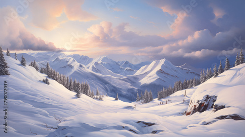 Un paysage montagneux enneigé, avec des sommets majestueux s'élevant vers le ciel, des sapins couverts de neige parsemant les pentes et un ciel clair offrant une vue dégagée sur l'horizon. photo