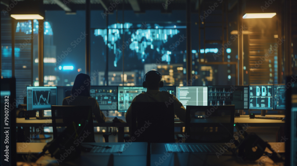 Fototapeta premium Cybersecurity professionals conduct a cyber attack simulation in a high-tech control room illuminated by natural light from windows. , natural light, soft shadows, with copy space
