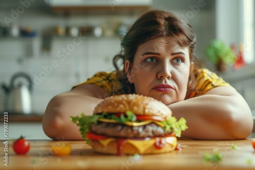 Woman Contemplating Temptation with Juicy Hamburger