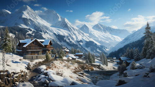 Un village de montagne pittoresque, niché au creux des sommets enneigés, avec des chalets en bois aux toits recouverts de neige, des fumées s'échappant des cheminées, et des sapins couverts de flocons photo