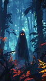 Bring the spine-chilling tale alive by rendering a ghostly presence amidst vibrant botanicals in an impressionism digital painting, showcasing a chilling view from behind