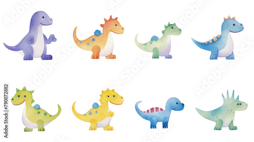 Adorable baby dinosaurs in watercolor, perfect for nursery decor, featuring cute, playful designs, ideal for a baby shower, watercolor, cartoon, transparent